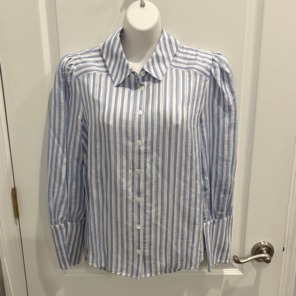Veronica Beard Ally Stripe Linen & Silk Blend High/Low Shirt Size 8